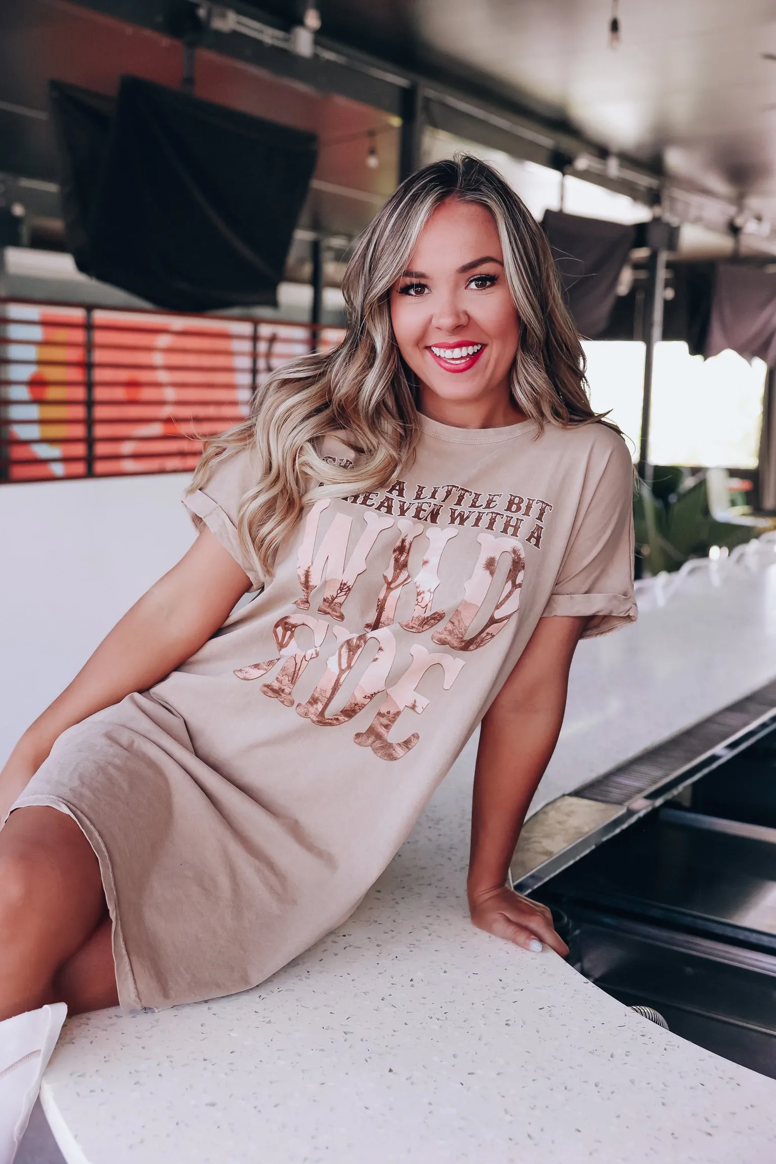 A Little Bit Of Heaven Graphic T-Shirt Dress - Mineral Taupe