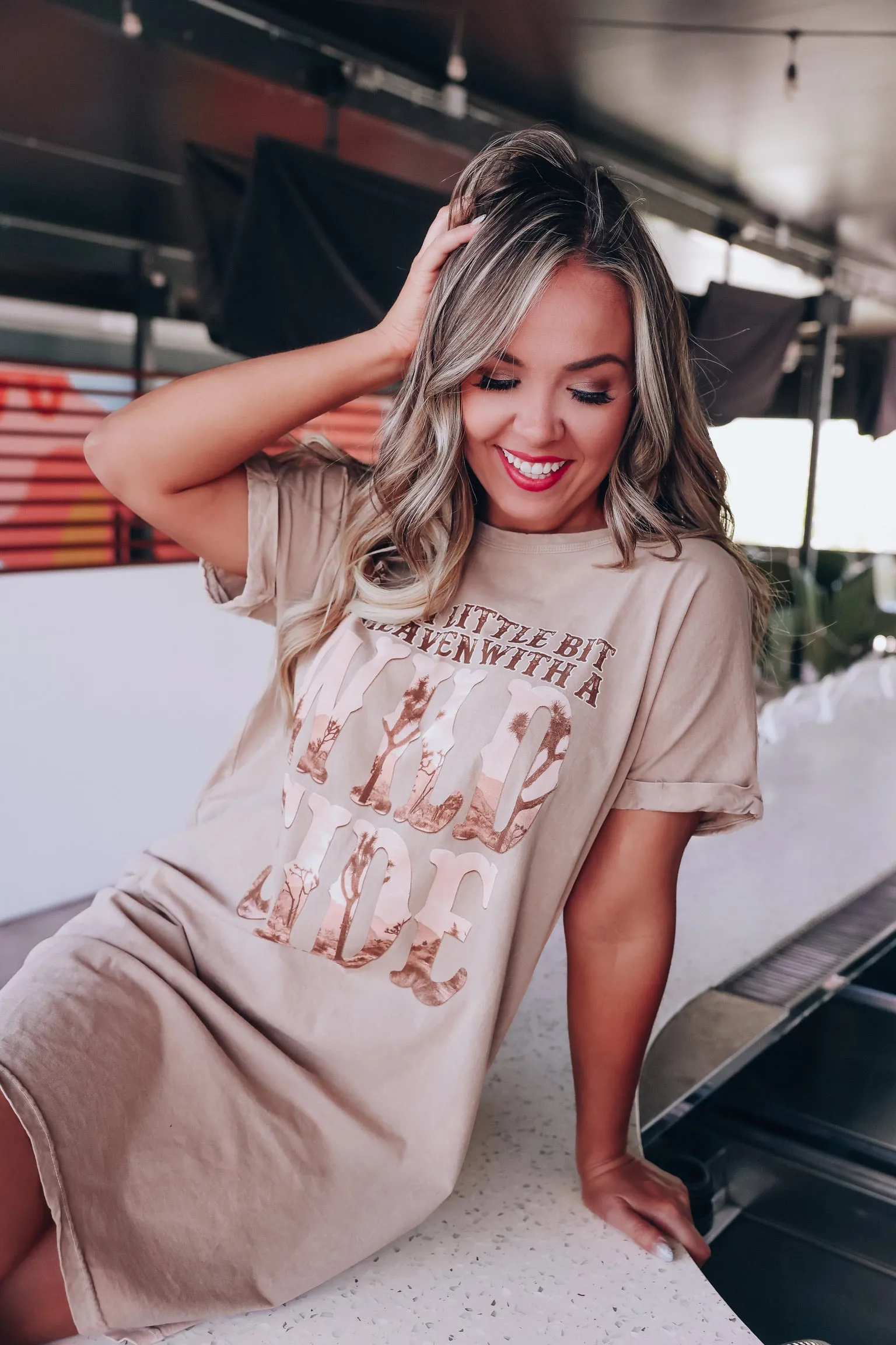 A Little Bit Of Heaven Graphic T-Shirt Dress - Mineral Taupe