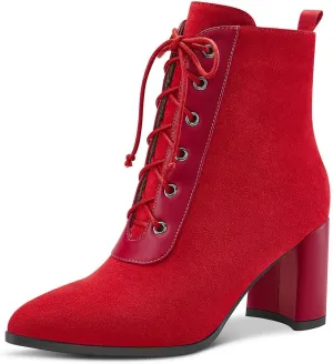 Aachcol Women Chunky Block Mid High Heel Ankle Boots Short Bootie Lace-up Close Pointed Toe Shoes Suede 3 Inch