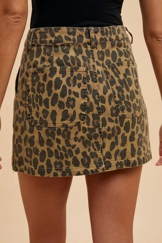 Brown Leopard Denim Mini Skirt