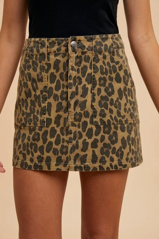 Brown Leopard Denim Mini Skirt