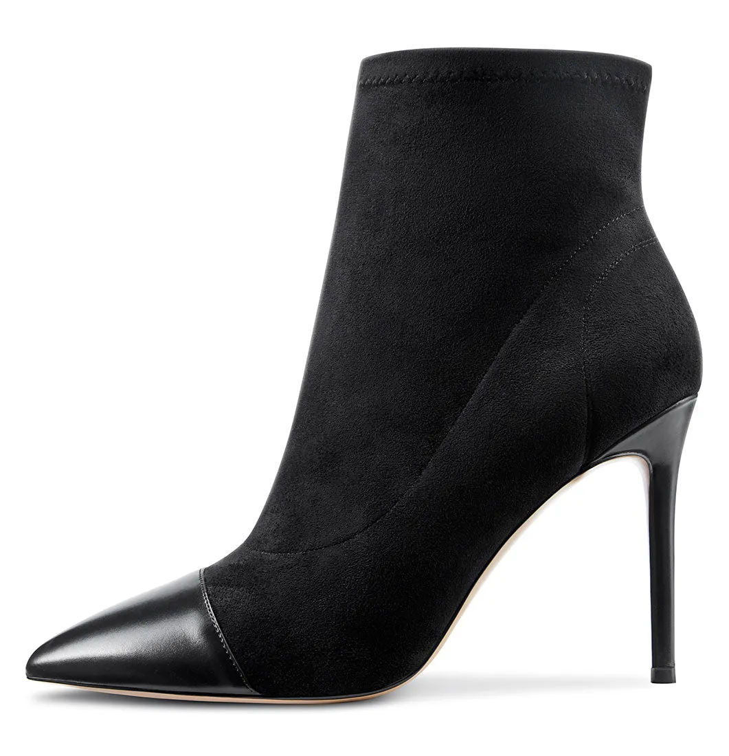 CASTAMERE Women's High Heel Ankle Boots Slip-on Pointed Toe Stretch Boot Stilettos Classic PU-Suede Boots 10CM Heels