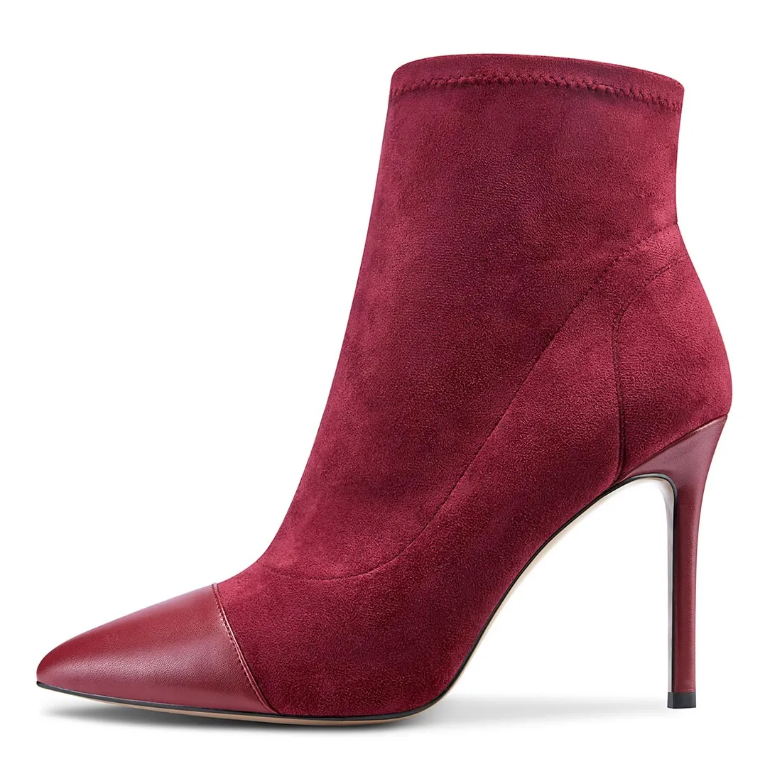CASTAMERE Women's High Heel Ankle Boots Slip-on Pointed Toe Stretch Boot Stilettos Classic PU-Suede Boots 10CM Heels