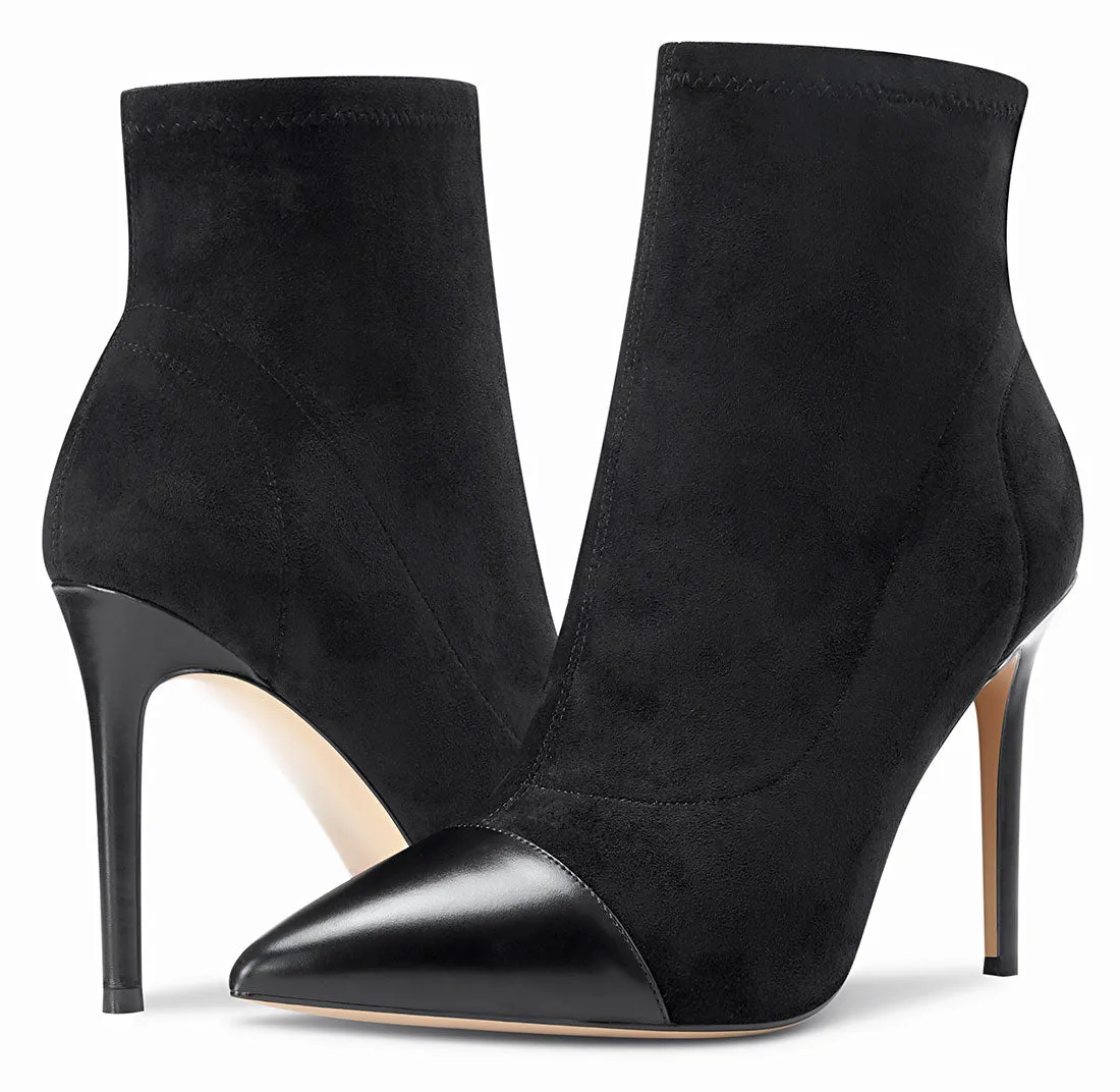 CASTAMERE Women's High Heel Ankle Boots Slip-on Pointed Toe Stretch Boot Stilettos Classic PU-Suede Boots 10CM Heels