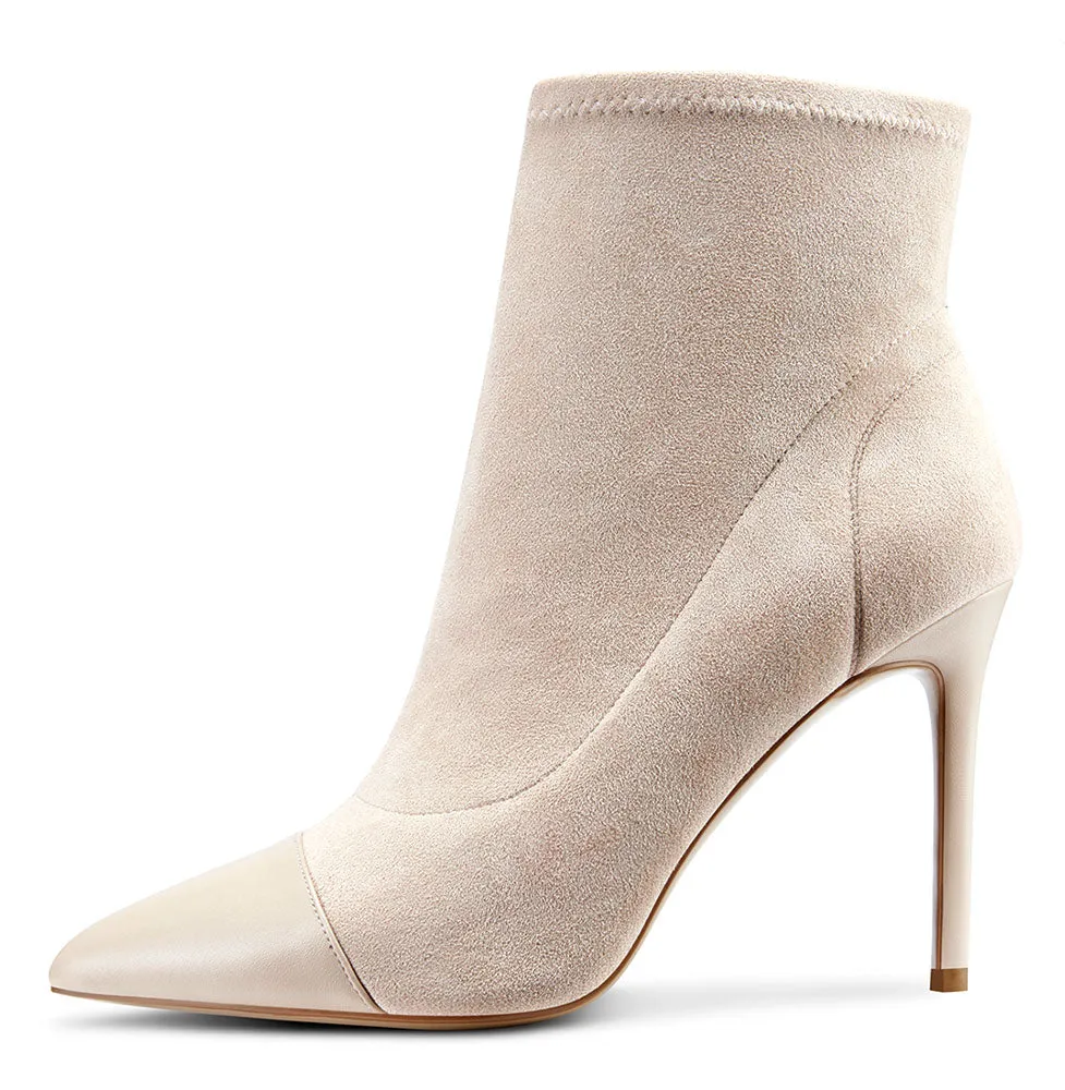 CASTAMERE Women's High Heel Ankle Boots Slip-on Pointed Toe Stretch Boot Stilettos Classic PU-Suede Boots 10CM Heels