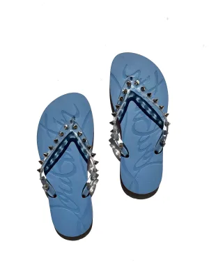 Christian Louboutin Loubi Donna Spike Studded Blue Flip Flops Sandals 39