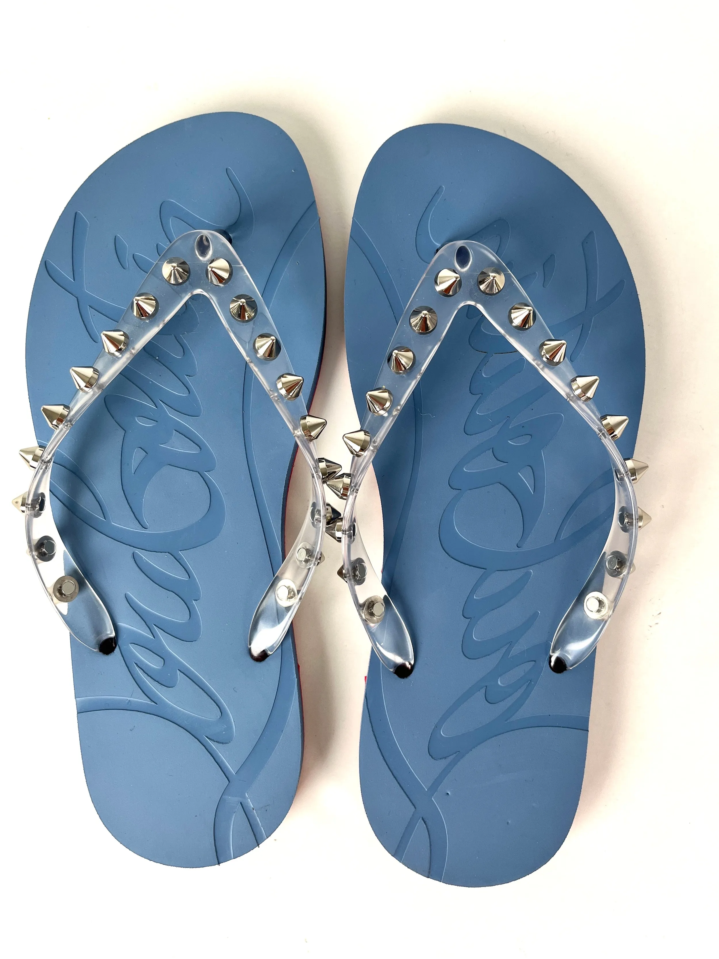Christian Louboutin Loubi Donna Spike Studded Blue Flip Flops Sandals 39
