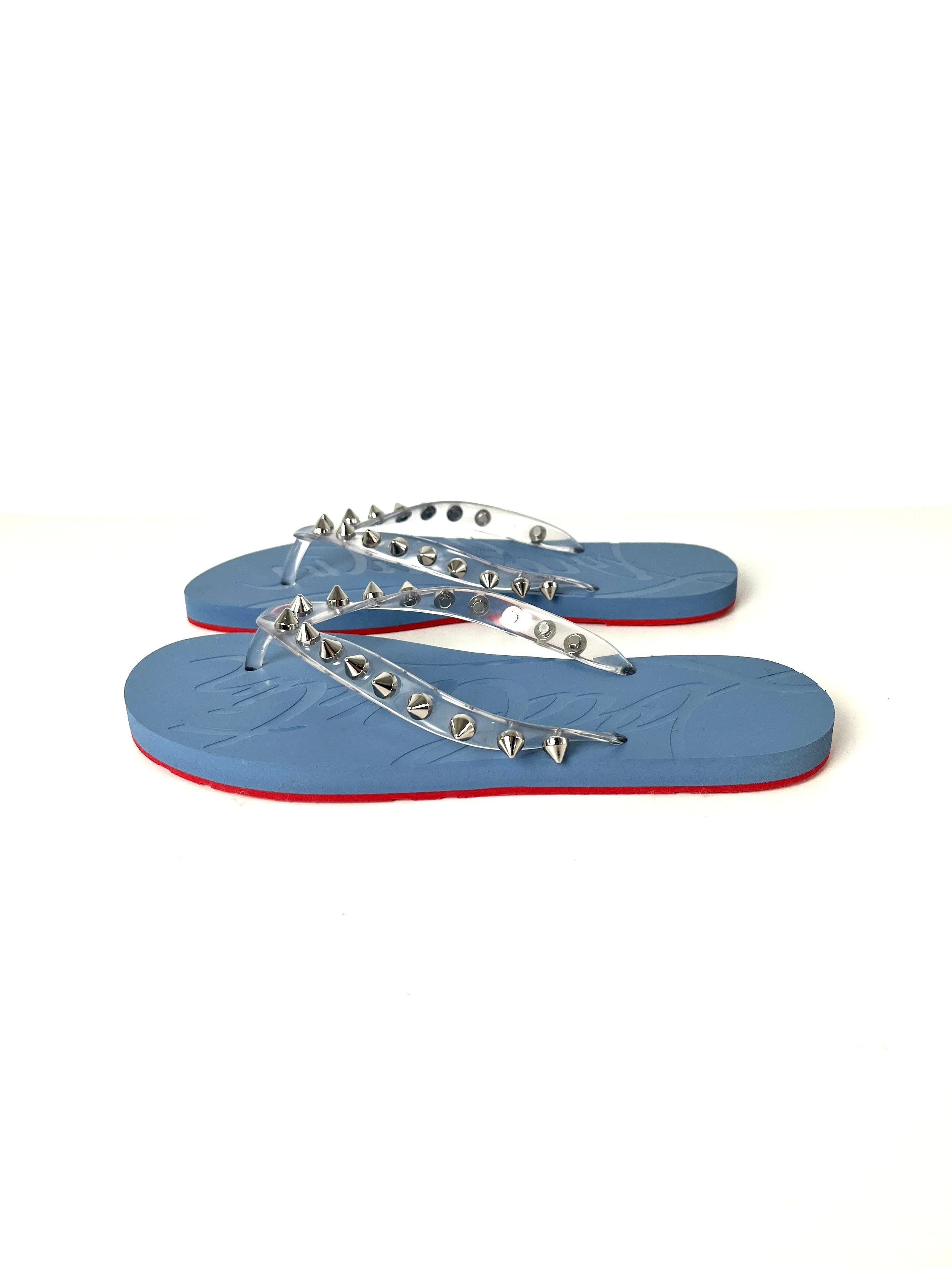 Christian Louboutin Loubi Donna Spike Studded Blue Flip Flops Sandals 39