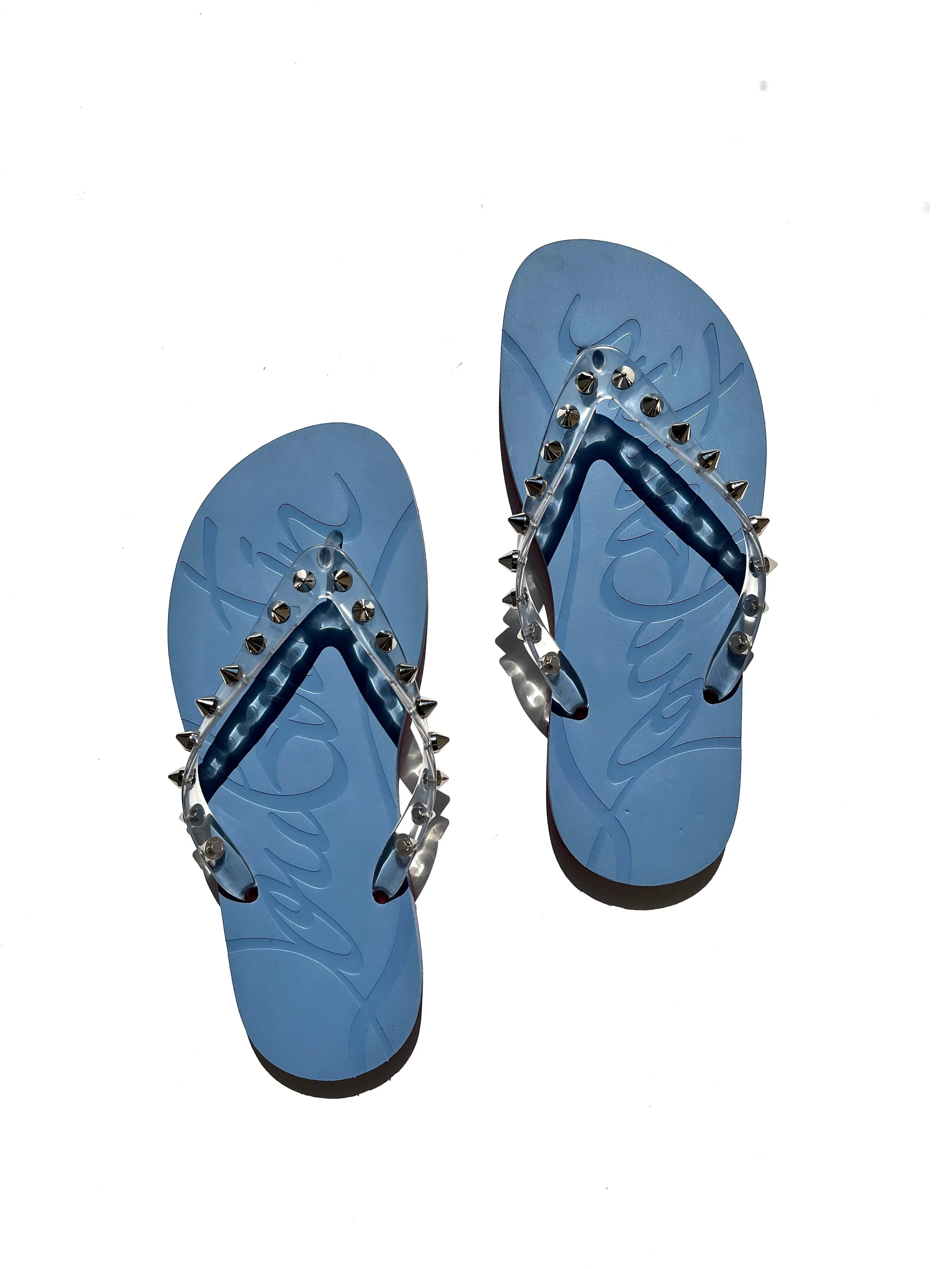 Christian Louboutin Loubi Donna Spike Studded Blue Flip Flops Sandals 39