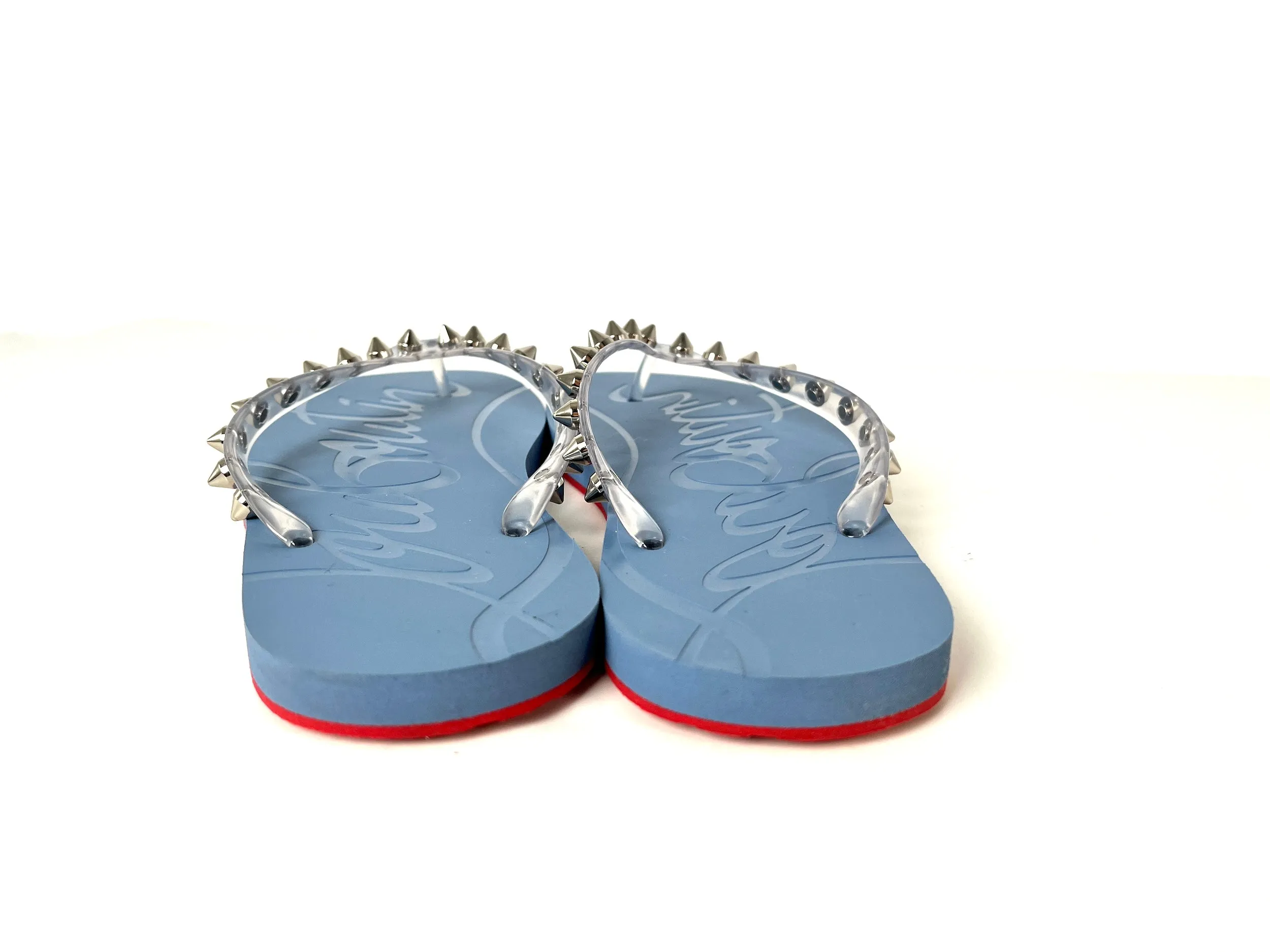 Christian Louboutin Loubi Donna Spike Studded Blue Flip Flops Sandals 39