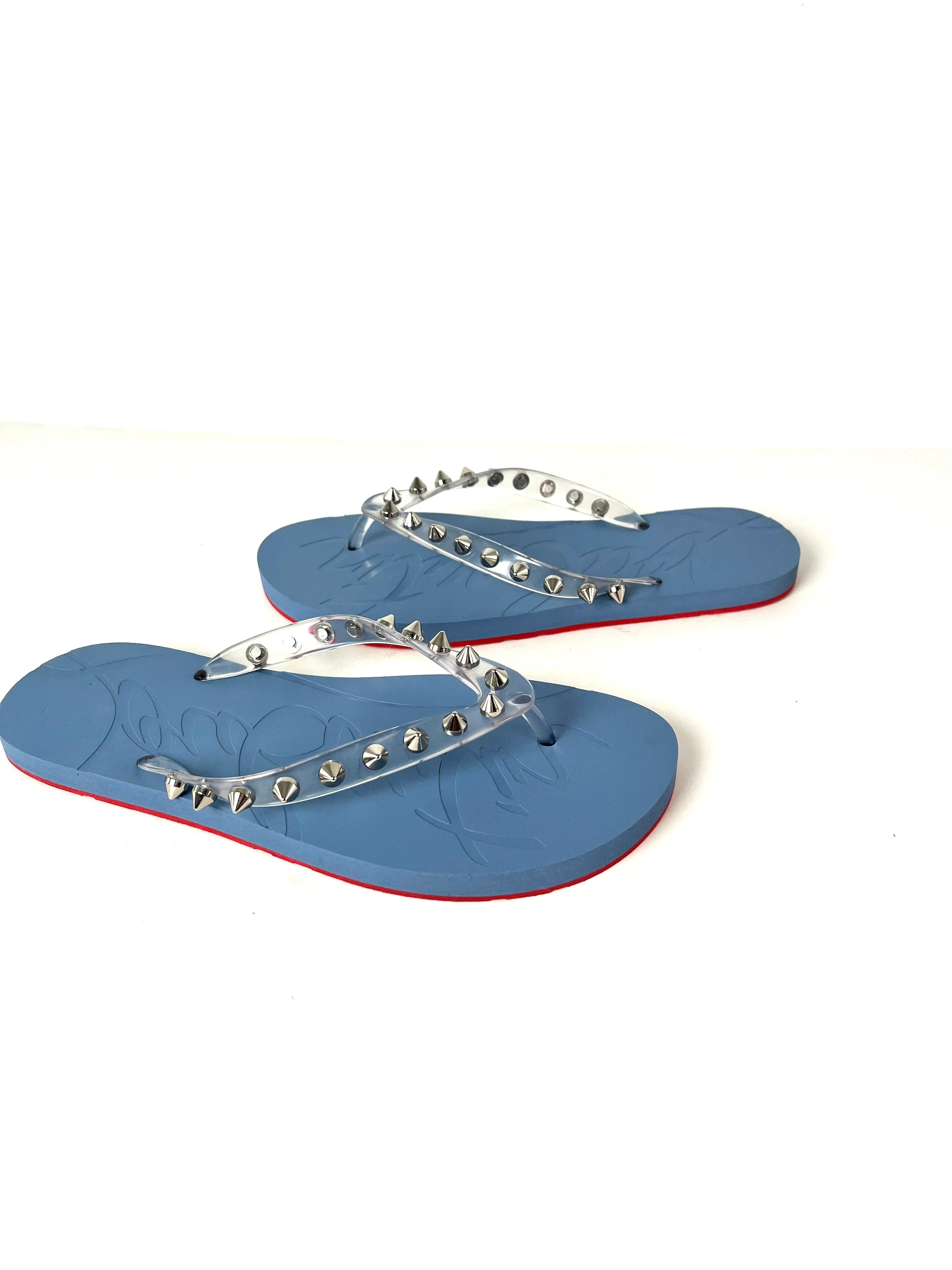 Christian Louboutin Loubi Donna Spike Studded Blue Flip Flops Sandals 39