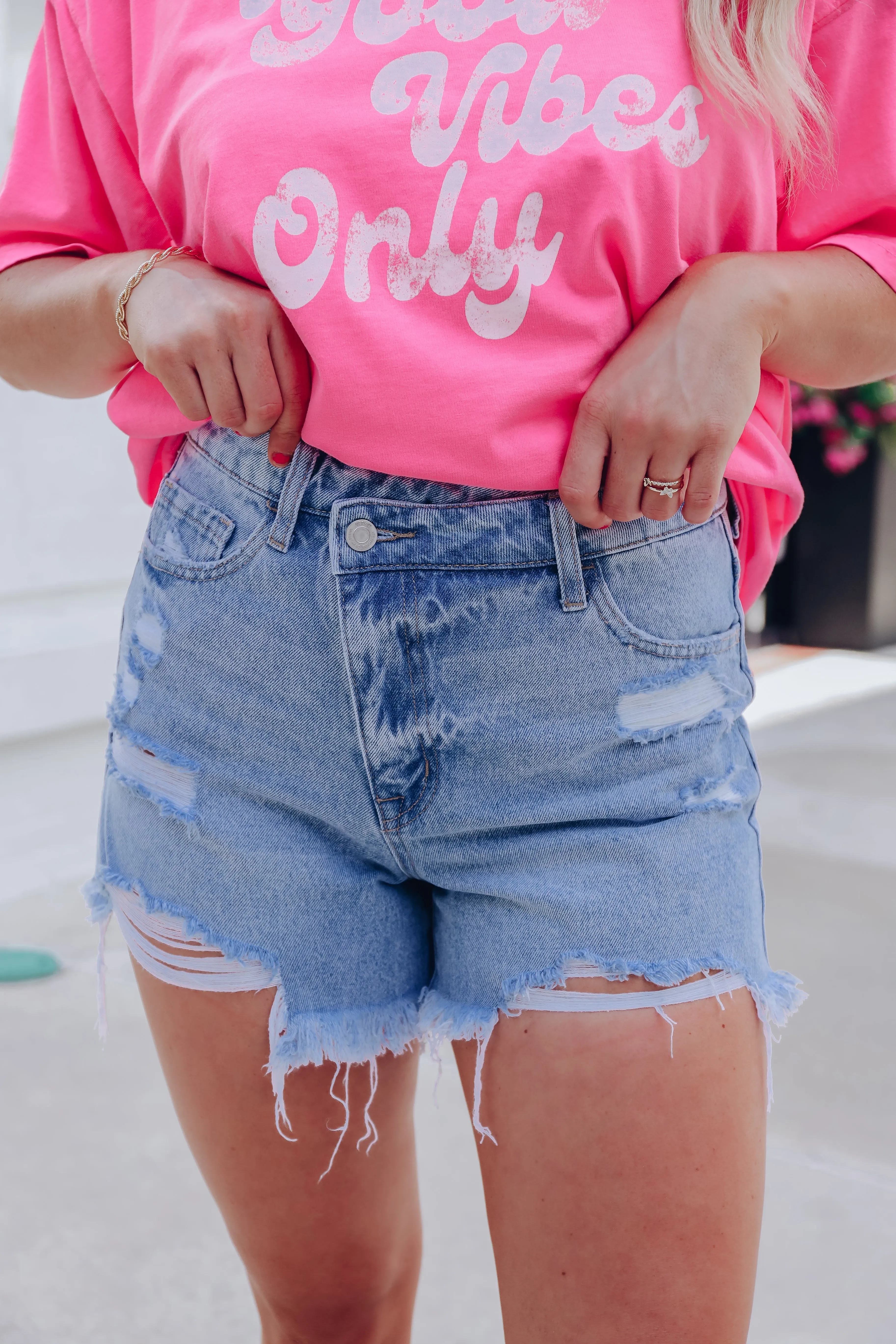 Cross Front Distressed Denim Shorts