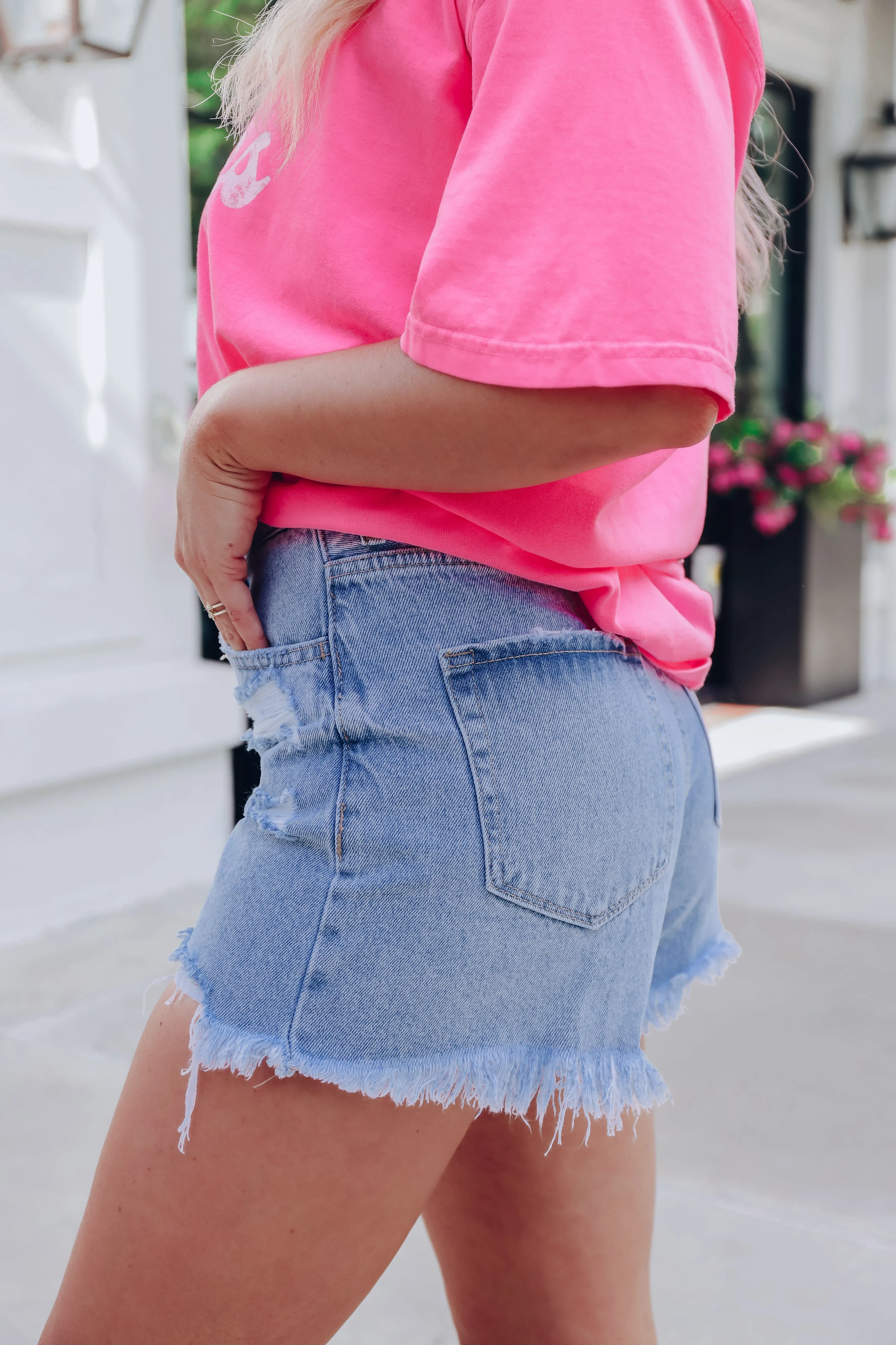Cross Front Distressed Denim Shorts
