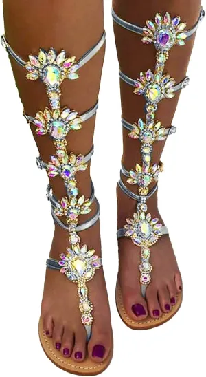Hbeylia Womens Summer Flat Sandals Fashion Casual Retro Roman Knee Length Rhinestones Buckle Strap Clip Toe Flip Flops Gladiator Low Heels Footed Thong Slides for Travel Beach Wedding