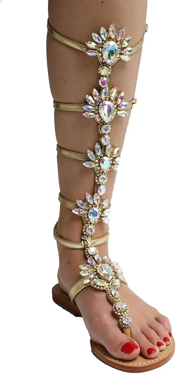 Hbeylia Womens Summer Flat Sandals Fashion Casual Retro Roman Knee Length Rhinestones Buckle Strap Clip Toe Flip Flops Gladiator Low Heels Footed Thong Slides for Travel Beach Wedding