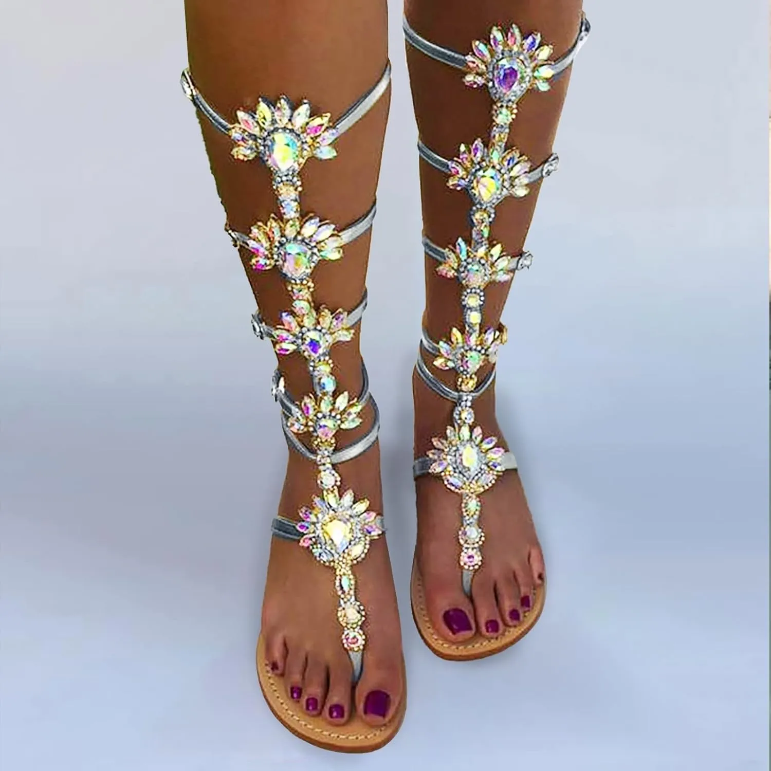 Hbeylia Womens Summer Flat Sandals Fashion Casual Retro Roman Knee Length Rhinestones Buckle Strap Clip Toe Flip Flops Gladiator Low Heels Footed Thong Slides for Travel Beach Wedding