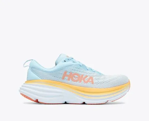 Hoka Women's Bondi 8 Cushioned Road Running Shoe in Coral/Papaya, Stellar/Blue Cosmos, Coastal Sky/All Abroad, Black/White & Summer Song Available in Wide Widths