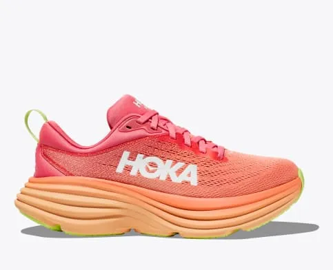 Hoka Women's Bondi 8 Cushioned Road Running Shoe in Coral/Papaya, Stellar/Blue Cosmos, Coastal Sky/All Abroad, Black/White & Summer Song Available in Wide Widths