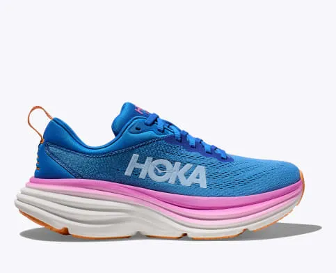 Hoka Women's Bondi 8 Cushioned Road Running Shoe in Coral/Papaya, Stellar/Blue Cosmos, Coastal Sky/All Abroad, Black/White & Summer Song Available in Wide Widths