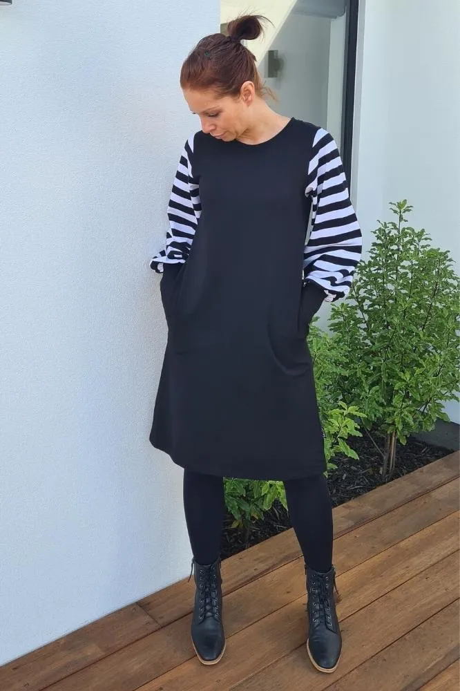 Homelee Laylah Dress Black White Stripe Sleeves