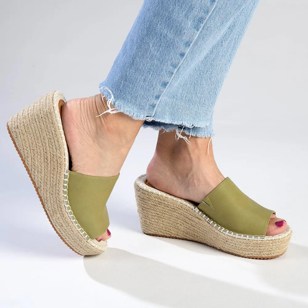 Julz Demi Leather Espadrille Mule Wedge - Olive