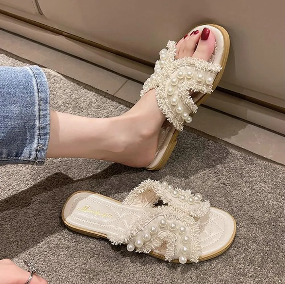 Open Toe Flat Sandals for Women Exquisite Pearl Tassel Slippers Comfortable Travel Causal Women Footwear Soft Non-slip Shoes