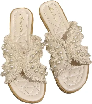 Open Toe Flat Sandals for Women Exquisite Pearl Tassel Slippers Comfortable Travel Causal Women Footwear Soft Non-slip Shoes