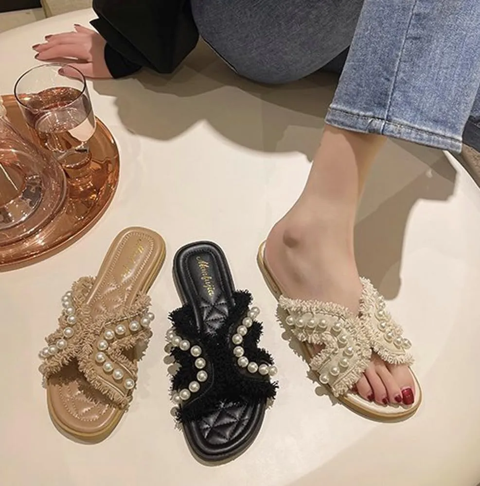 Open Toe Flat Sandals for Women Exquisite Pearl Tassel Slippers Comfortable Travel Causal Women Footwear Soft Non-slip Shoes