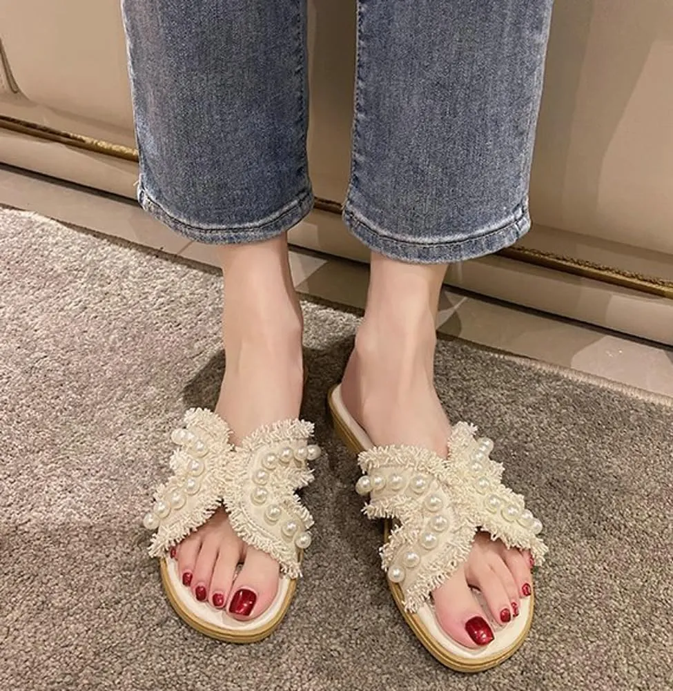 Open Toe Flat Sandals for Women Exquisite Pearl Tassel Slippers Comfortable Travel Causal Women Footwear Soft Non-slip Shoes