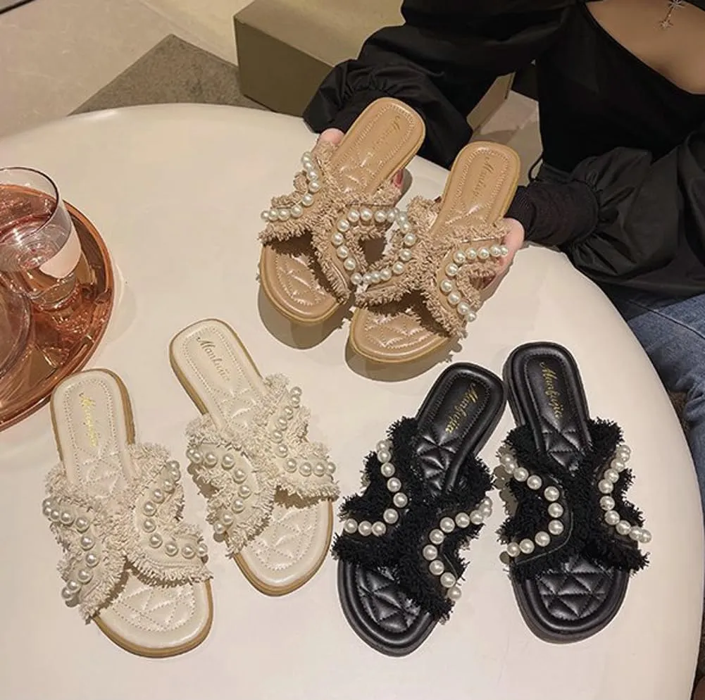 Open Toe Flat Sandals for Women Exquisite Pearl Tassel Slippers Comfortable Travel Causal Women Footwear Soft Non-slip Shoes