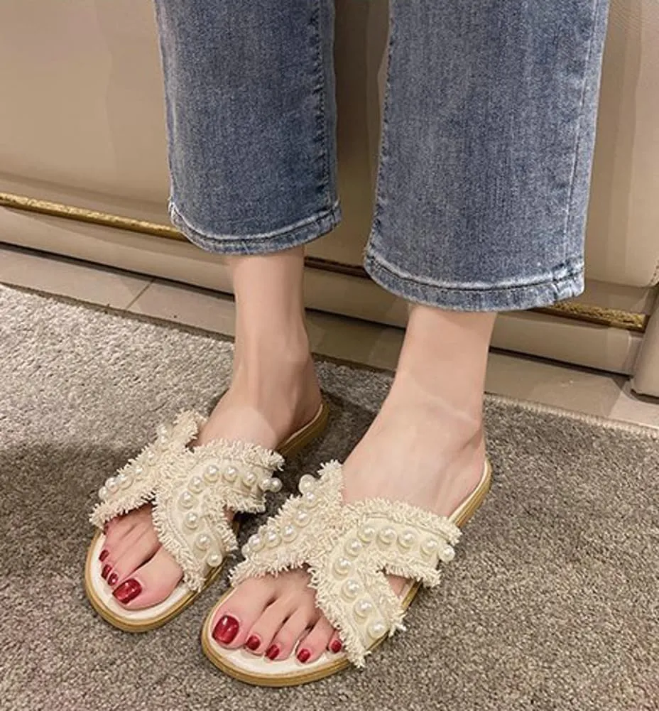 Open Toe Flat Sandals for Women Exquisite Pearl Tassel Slippers Comfortable Travel Causal Women Footwear Soft Non-slip Shoes