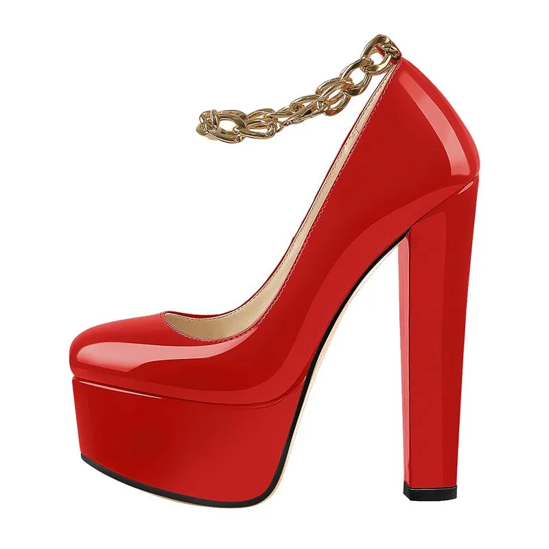 Round Toe Chunky Heels Pumps Chain Ankle Strap Shoes