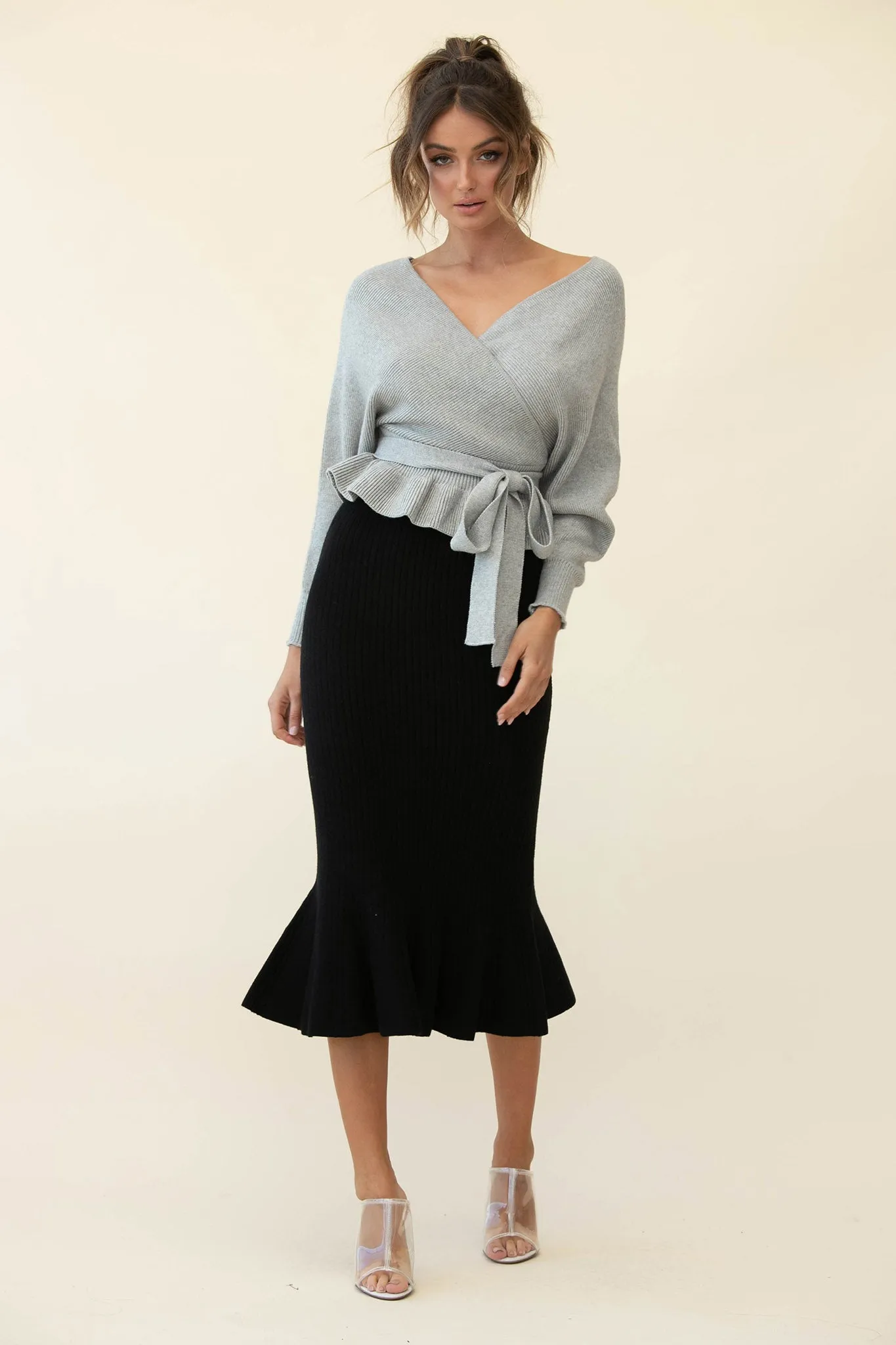 Shalon Ribbed Knit Fluted Hem Midi Skirt Antique Black