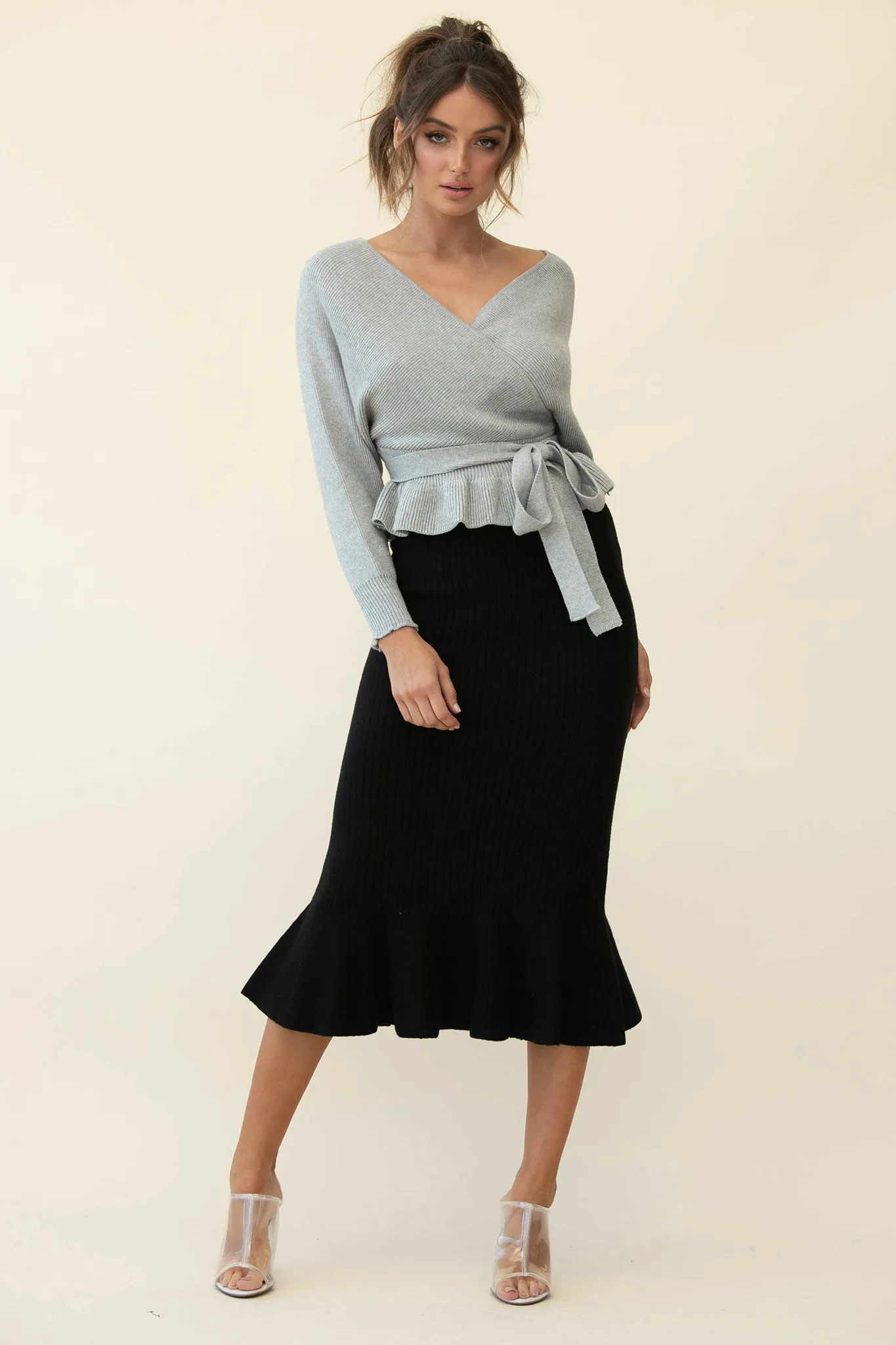 Shalon Ribbed Knit Fluted Hem Midi Skirt Antique Black