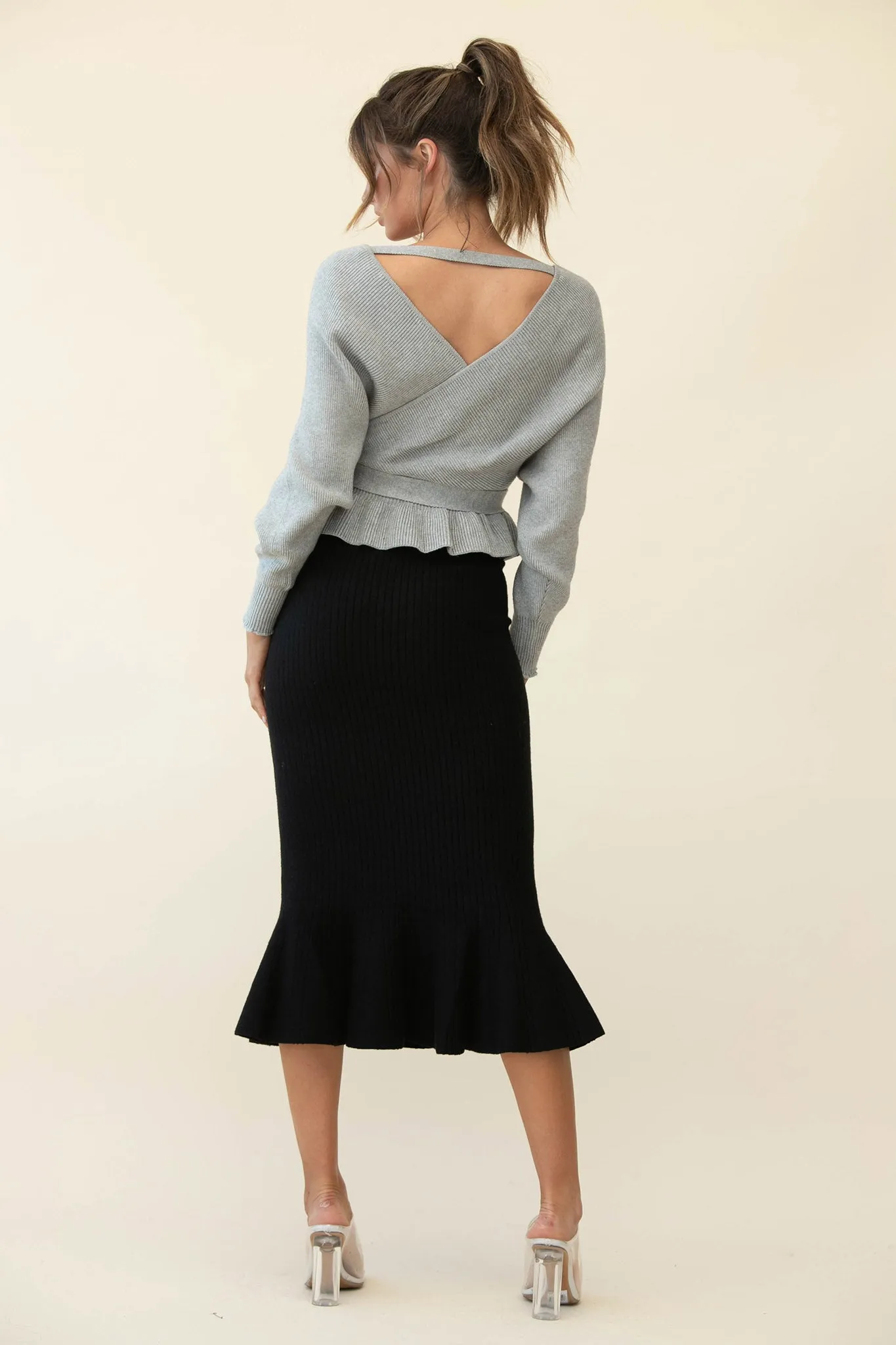 Shalon Ribbed Knit Fluted Hem Midi Skirt Antique Black