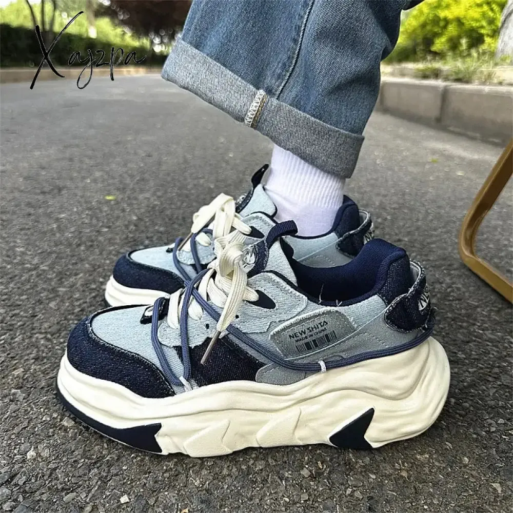 Trendy Denim Mens Sneakers Platform Student Breathable Casual Womens Chunky Shoes Designer Outdoor Couple Luxury Male Footwear