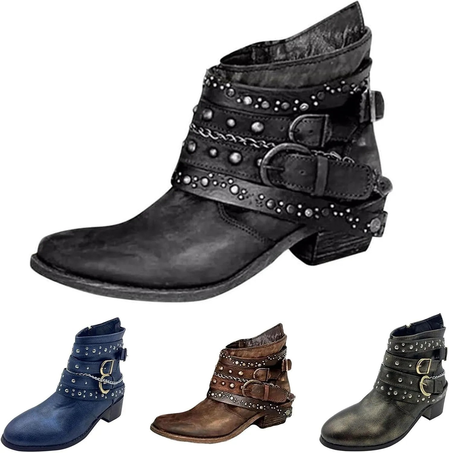Women's Boots Ankle Womens Booties Fall Brown Leather Boots Men Womens Bootie Low Heel Lightweight Breathable Closed Pointed Toe Low Block Heel Zip Up