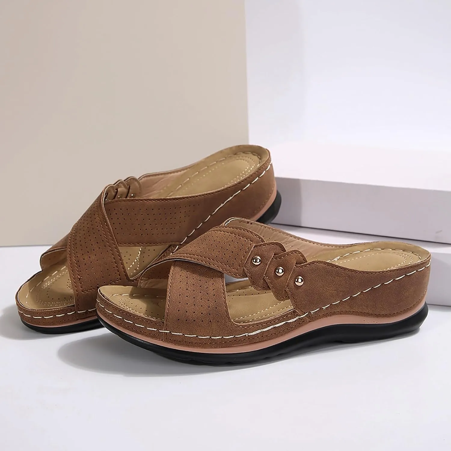 Womens Wedge Sandals Comfortable Leather Dressy Orthopedic Sandals for Women Summer Arch Support Slip-On Slippers Rubber Sole, Walking, Casual Slip on Summer Shoes