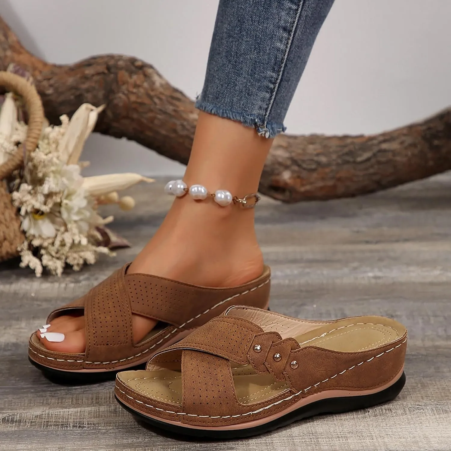 Womens Wedge Sandals Comfortable Leather Dressy Orthopedic Sandals for Women Summer Arch Support Slip-On Slippers Rubber Sole, Walking, Casual Slip on Summer Shoes