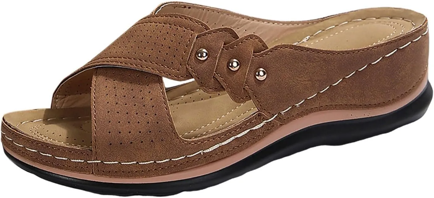 Womens Wedge Sandals Comfortable Leather Dressy Orthopedic Sandals for Women Summer Arch Support Slip-On Slippers Rubber Sole, Walking, Casual Slip on Summer Shoes