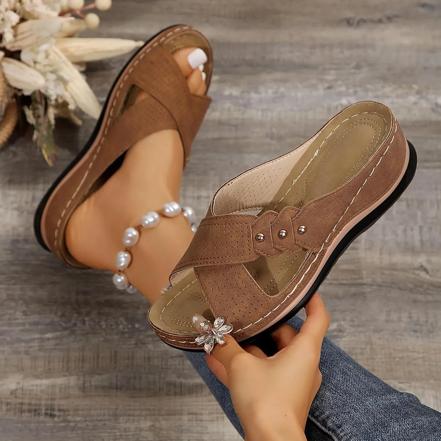 Womens Wedge Sandals Comfortable Leather Dressy Orthopedic Sandals for Women Summer Arch Support Slip-On Slippers Rubber Sole, Walking, Casual Slip on Summer Shoes