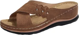 Womens Wedge Sandals Comfortable Leather Dressy Orthopedic Sandals for Women Summer Arch Support Slip-On Slippers Rubber Sole, Walking, Casual Slip on Summer Shoes